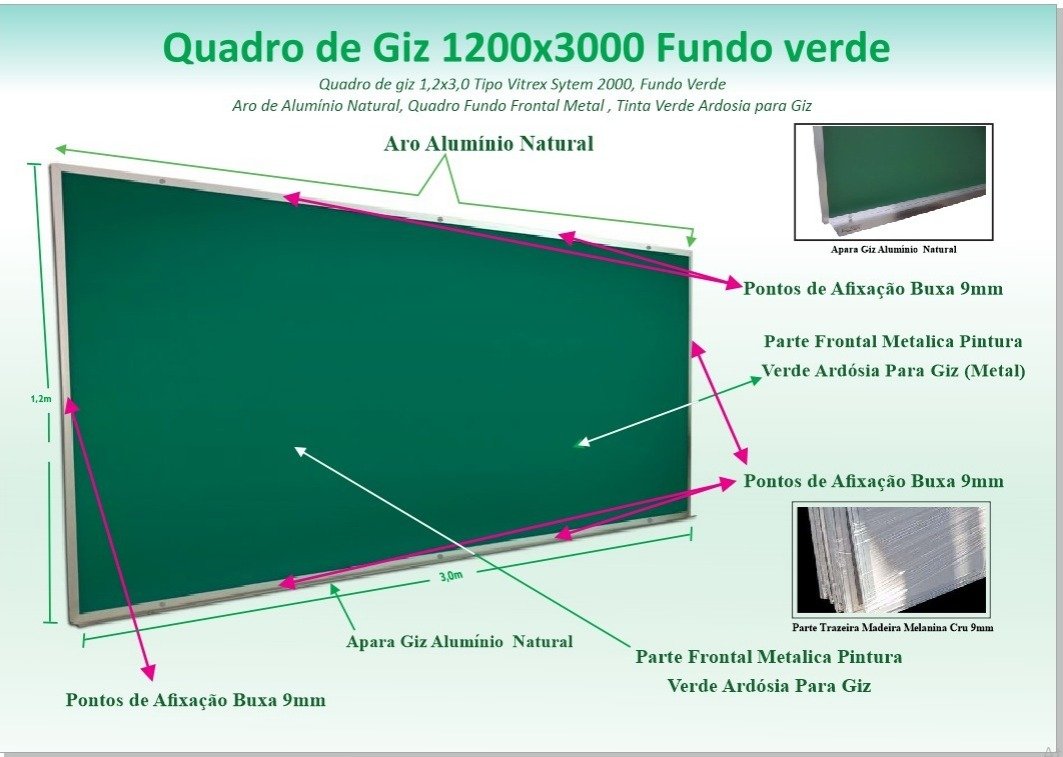 QUADRO ESCOLAR DE GIZ 1200X3000 TIPO VITREX SYSTEM 2000